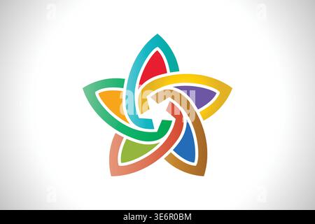 Abstract colorful star logo design featuring five interconnected flowing ribbons on a white gradient background Stock Vector