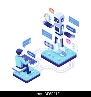 Isometric Person Working on AI Prompt Engineering for Digital Content Creation. AI Prompt Engineering Concept Stock Vector