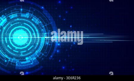 futuristic blue digital hud interface with concentric circles and light streaks on dark grid background for cybersecurity and technology concepts Stock Vector