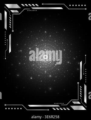 Futuristic silver metallic HUD frame with glowing starry portal and tech borders for sci fi interface design on black background Stock Vector
