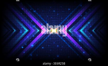 Futuristic technology background with neon pink and blue symmetrical arrows converging glowing golden center on dark grid with stardust for gaming and Stock Vector