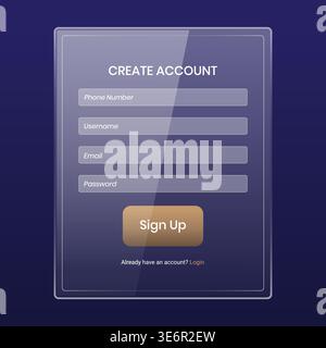A sleek and modern sign up form user interface featuring a glassmorphism design style with a soft purple gradient background. The layout includes inpu Stock Vector