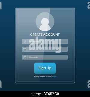 A modern registration interface design featuring a glassmorphism card with a soft blue gradient background and a large user avatar icon at the top. Th Stock Vector