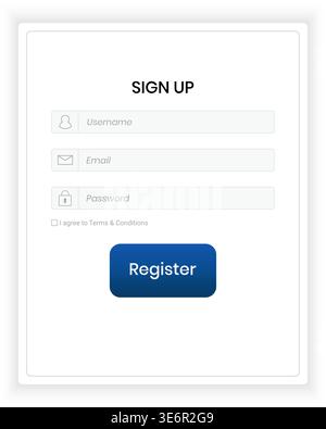 A minimal and clean sign up form user interface displayed on a soft light background with subtle shadows and rounded container edges. The layout featu Stock Vector