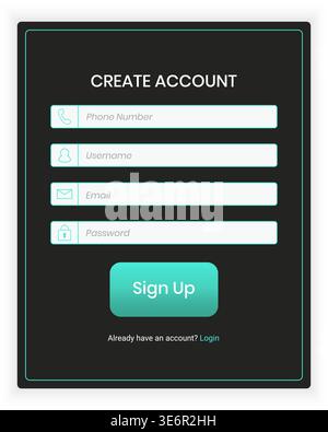A stylish dark mode sign up interface featuring a minimalist layout with glowing neon outline accents. The design includes input fields for phone numb Stock Vector