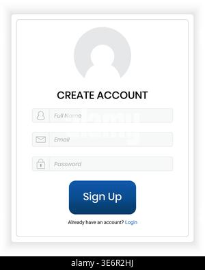 A modern create account interface featuring a large user avatar icon at the top and a clean, minimal layout. The form includes input fields for full n Stock Vector