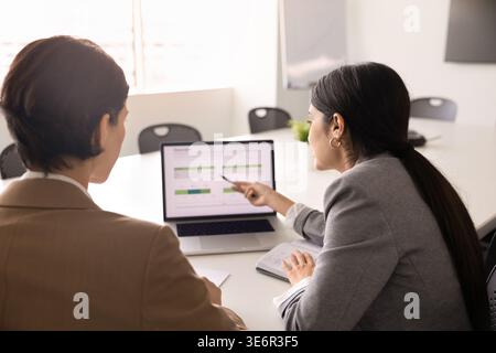 Rear view two businesswomen reviewing dashboard data on laptop screen during office meeting, discussing business report, making decisions, analyzing p Stock Photo