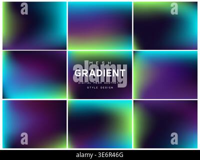Collection of dark aurora and deep ocean mesh gradients. Abstract turquoise, purple and green backgrounds for digital night, cosmic and futuristic des Stock Vector