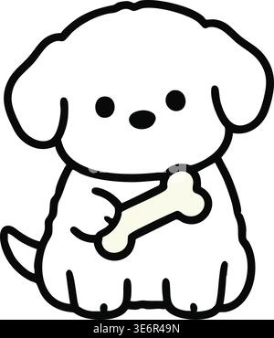 Adorable black and white illustration of a small sitting puppy holding a bone with floppy ears and a gentle expression. Stock Vector