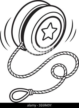 Playful black and white illustration of a spinning yo yo toy with a star emblem and trailing string. Stock Vector