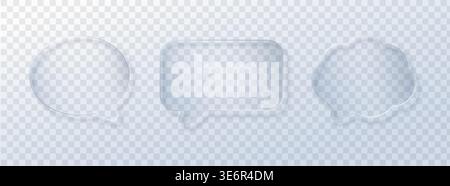 Set Glass speech bubble with transparent frame and glossy texture. 3D chat icon featuring abstract cloud shape, modern UI design element with shadow Stock Vector