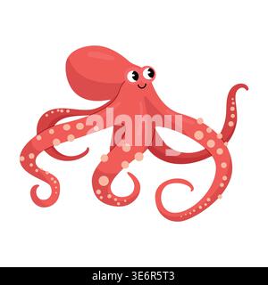 Cute red octopus cartoon character with tentacles isolated on white background Stock Vector