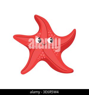 Cute red cartoon starfish character smiling isolated on white background Stock Vector