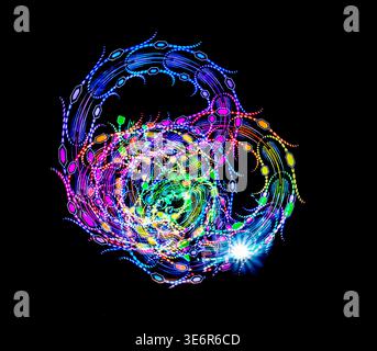 light painting photography, psychedelic artwork characterized by intricate floral patterns and neon-colored fractals against a dark background Stock Photo