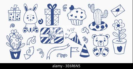 Cute Party and Love Doodle Set. Blue Line Art Bunny, Bear, Gifts, Flowerpots Flowers, Plants, Cactus, Festive Tinsel and Festive Cupcake. Isolated Cel Stock Vector