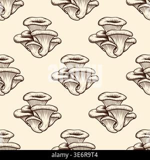 Oyster Mushroom Sketch, Seamless Pattern. Vector Hand Drawn Pleurotus Mushroom Cluster in Engraving Style. Black and White Vintage Line Art for Stock Vector