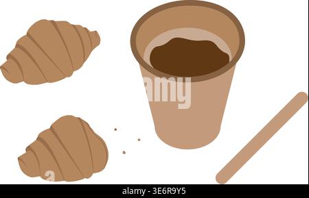 Takeaway coffee and croissants whole and bitten Breakfast to go Set Cafe food Minimalist flat design. Isolated Vector illustration Cafe Food Poster Media post or Promo banner, packing design elements  Stock Vector