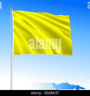 Racing cars competition Yellow waving flag, road course local caution or hazard blocking the track, vector illustration Stock Vector