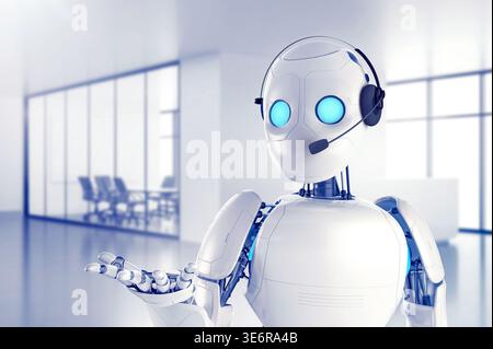 Friendly AI robot wearing a headset in a modern office. Concept for automated customer service, virtual assistant, and future technology support. Stock Photo