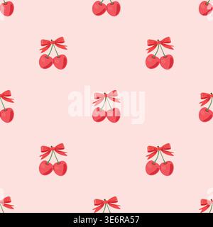 Seamless Cherry Pattern with Red Bow, Vector Illustration. Cute Fruit Repeat Background on Pink. Summer Wallpaper. Girly Nursery Print. Red and Pink Stock Vector