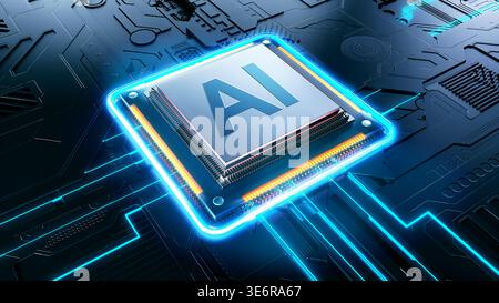 Futuristic AI microchip on a digital circuit board with glowing blue neon lights. Concept for artificial intelligence hardware and data processing. Stock Photo