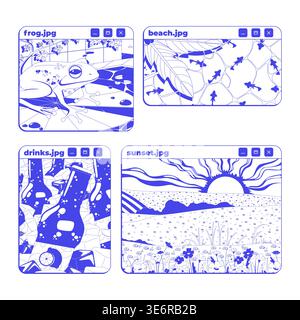 Lofi image previews neo brutalism line popup windows Stock Vector