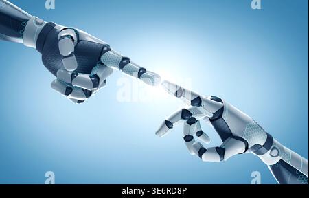 Two robotic hands reaching out to touch fingers. Concept of AI connection, machine learning, and futuristic digital interaction. Blue background. Stock Photo