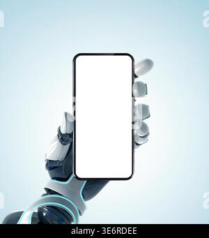 Robotic hand holding a smartphone with a blank white screen. Concept for AI technology, mobile apps, and futuristic digital interface. Stock Photo