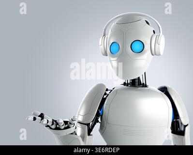 Humanoid robot with headset and blue glowing eyes, making a welcoming gesture. Concept for AI customer service and virtual assistant technology. Stock Photo