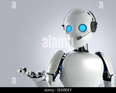 Humanoid robot with headset and blue glowing eyes, making a welcoming gesture. Concept for AI customer service and virtual assistant technology. Stock Photo