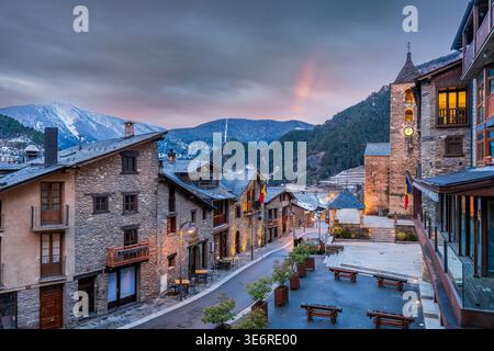 Main street view at sunrise, Ordino, Andorra Stock Photo