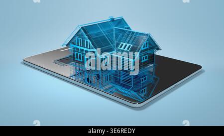 Digital 3D house wireframe model on a tablet screen. Concept for smart home technology, architectural design apps, and real estate digital solutions. Stock Photo
