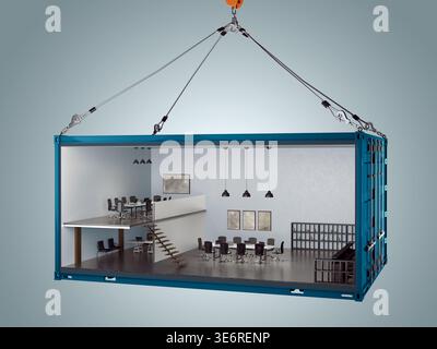 Creative 3D render of a modern office interior built inside a shipping container suspended by a crane. Concept for portable and sustainable workspace. Stock Photo