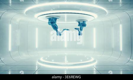 Two robotic arms in a futuristic white laboratory. Concept for industrial automation, advanced manufacturing, and high-tech research facility. Stock Photo
