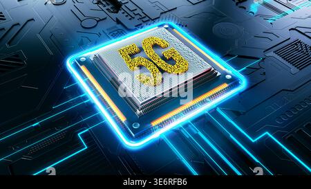 Futuristic microchip with 5G text on a high-tech motherboard. Concept for next-generation wireless technology, data speed, and digital connectivity. Stock Photo