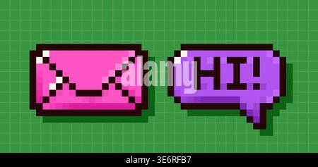 Back to School pixel art speech bubble and envelop. Stock Vector