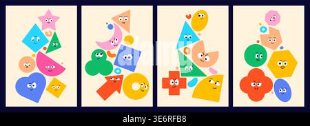 Collection of four child posters with geometric characters. Color elements with funny faces and emotions on white background. Stock Vector