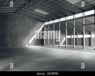 Interior of an empty large industrial warehouse or hangar with steel roof structures and natural sunlight. Concept for logistics and storage space. Stock Photo