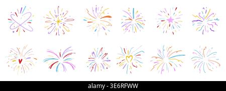 Crayon firework pastel confetti, hand drawn sketch chalk texture set. Kids color chalk pencil firecracker, sunburst, explosion. Vector illustration Stock Vector