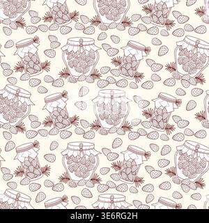 Outline Pine Cone Jam Seamless Pattern. Eco Glass Jars Mugolio with Forest Syrup, Cones And Branches on White Background. Monochrome Rustic Botanical Stock Vector
