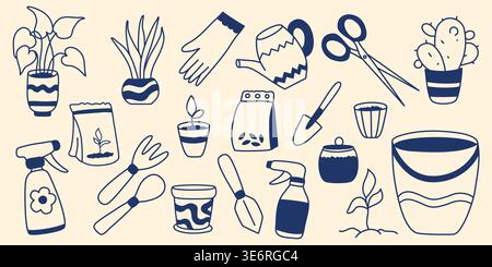 Hand-drawn set tools, gardening accessories and plants Stock Vector