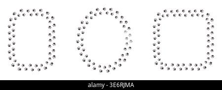 Paw print of a dog or cat. Cute silhouette footpath circle frames set. Wavy walk, marks. Steps of running or walking animal. Curved path of paw prints. Vector illustration Stock Vector