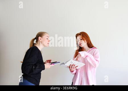Young women working together, sharing ideas and planning tasks in a clean modern space. Stock Photo