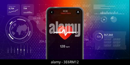 Smartphone displaying heart rate monitoring application with pulse line futuristic digital data background mobile health app Stock Vector