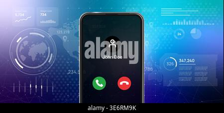 Mobile phone screen showing incoming call green accept and red decline buttons high tech blue background global network data analytical smart phone Stock Vector