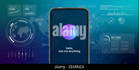 smartphone with voice wave assistant icon on screen text message personal helper application smart interactive search engine technology using Stock Vector
