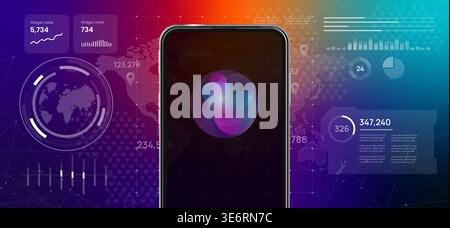 Mobile phone showing colorful liquid abstract orb assistant on screen background representing high tech voice recognition automation communication Stock Vector