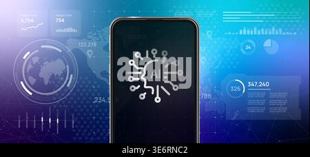 Smartphone with artificial intelligence circuit brain icon on screen futuristic digital background future technology innovation and machine learning Stock Vector
