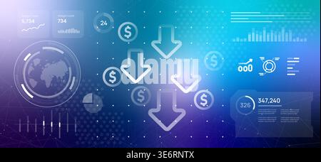 financial market crash and economic decline downward arrows on digital blue dashboard with global statistics investment loss stock price reduction in Stock Vector