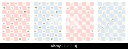 Set of pastel rainbow heart gingham patterns. Retro hand-drawn pink and blue checkerboard backgrounds with colorful heart icons. Cute aesthetic bundle Stock Vector
